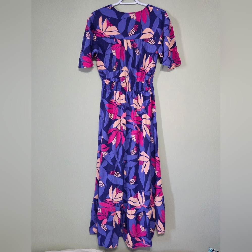 Anthro(ATL) Purple+Pink Hi-Low Floral Flutter Sleeve Maxi Dress Sz L Boho-Chic - Picture 7 of 15